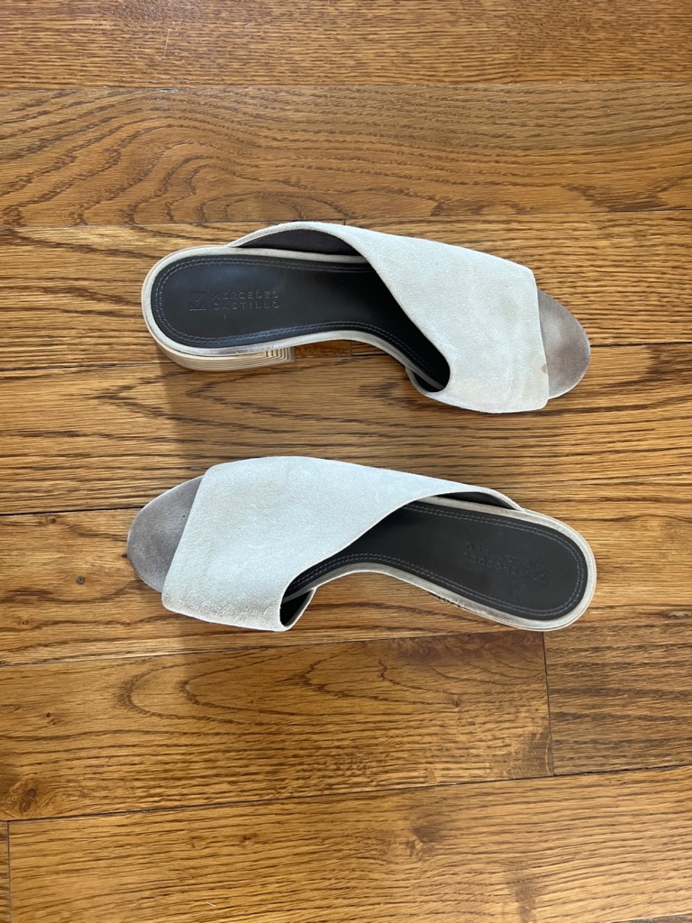 MERCEDES CASTILLO Light Beige Suede Crossover Slide Mules